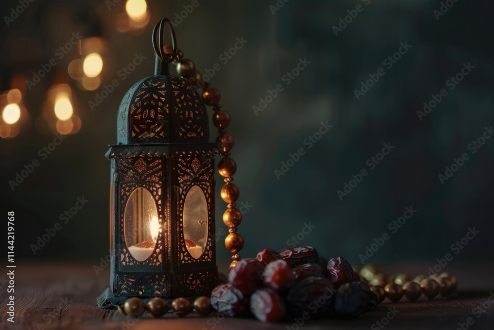 Low light photo of Lantern Dates fruit and rosary beads for Ramadan and Eid greeting. Low light photo of Lantern Dates fruit and rosary beads for Ramadan and Eid greeting.