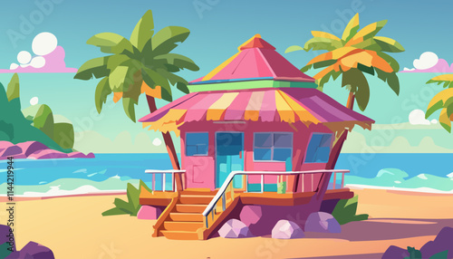 Beach bungalow. Vector illustration in flat cartoon style.