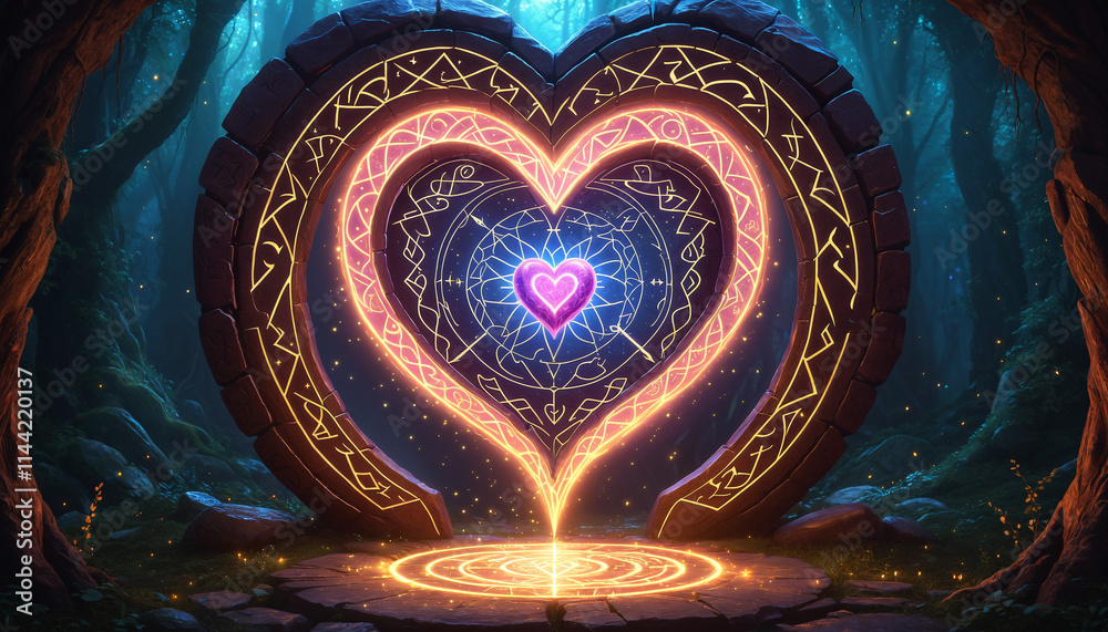 Fototapeta premium Magic glowing heart in the dark forest