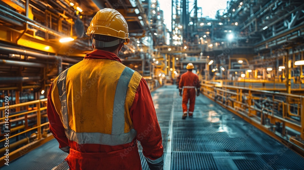 Oil workers working on rig in industrial facility dynamic environment professional viewpoint Oil workers working on rig in industrial facility dynamic environment professional viewpoint