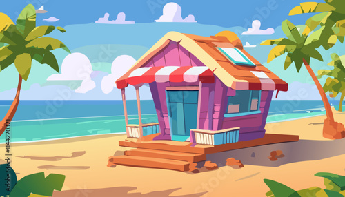 House on the beach. Vector illustration in cartoon style. Summer vacation concep
