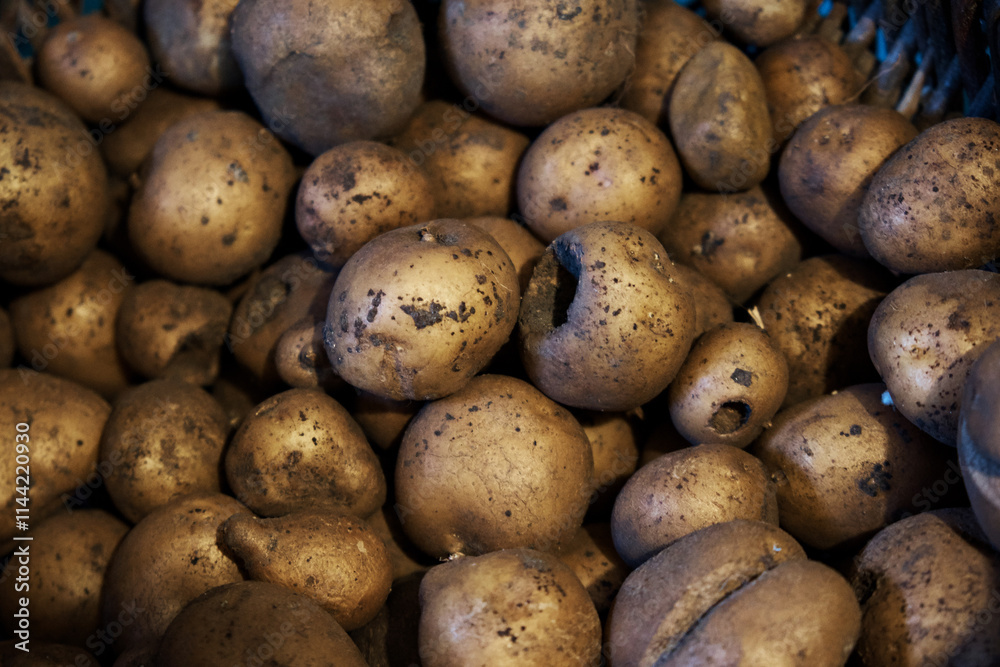 Small potatoes not cleaned from the ground in an old wicker basket. A meager potato harvest.