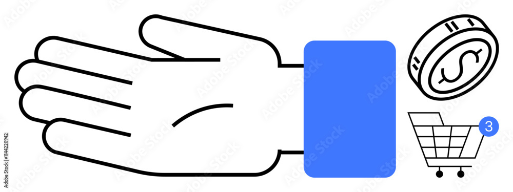 Open hand with a blue wrist, coin with dollar sign, and shopping cart with notification. Ideal for commerce, shopping, finance apps, e-commerce, retail money management financial transactions. Line Open hand with a blue wrist, coin with dollar sign, and shopping cart with notification. Ideal for commerce, shopping, finance apps, e-commerce, retail money management financial transactions. Line