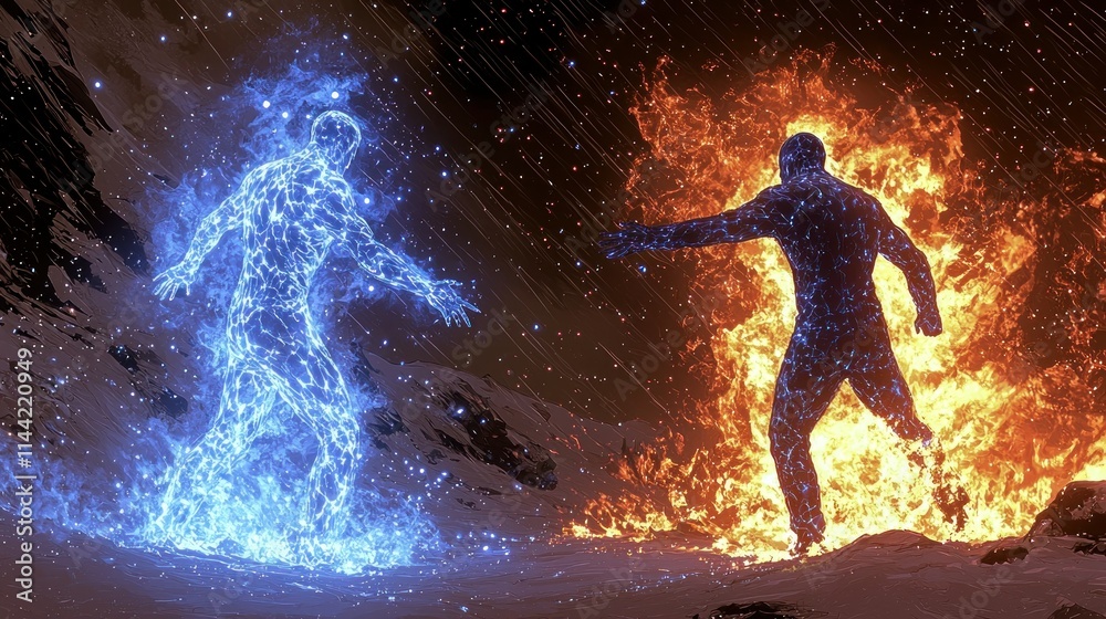 Obraz premium Two glowing figures in blue and orange facing off.