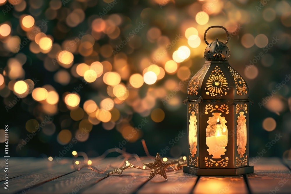 Ramadan greeting card with golden lantern and star lights. Ramadan greeting card with golden lantern and star lights.