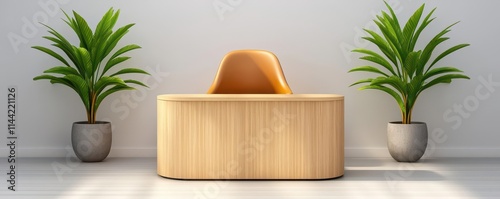 3D rendering Mid century modern office setup with a sleek wooden desk, Scandinavian inspired chair, and minimalist decor, perfect for productivity photo