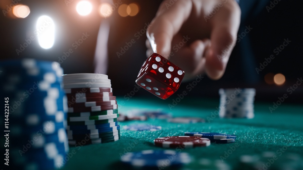A hand throws a red die onto a green table surrounded by poker chips, capturing a gaming moment. A hand throws a red die onto a green table surrounded by poker chips, capturing a gaming moment.