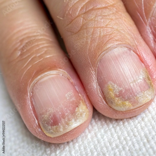 Detailed macro shot of nail psoriasis symptoms, featuring pits, ridges, and nail discoloration
