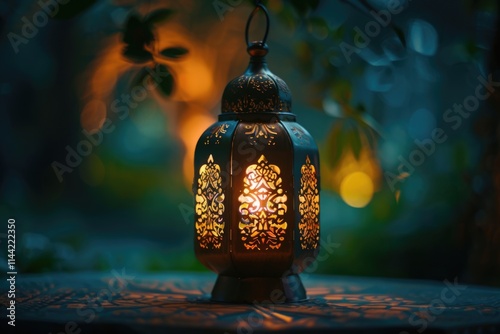 Ramadan Lantern in low light mode with arabesque background. photo