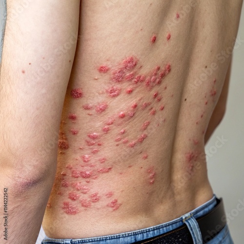 Detailed macro shot of shingles (herpes zoster) rash with red blisters aligned along a nerve pathway