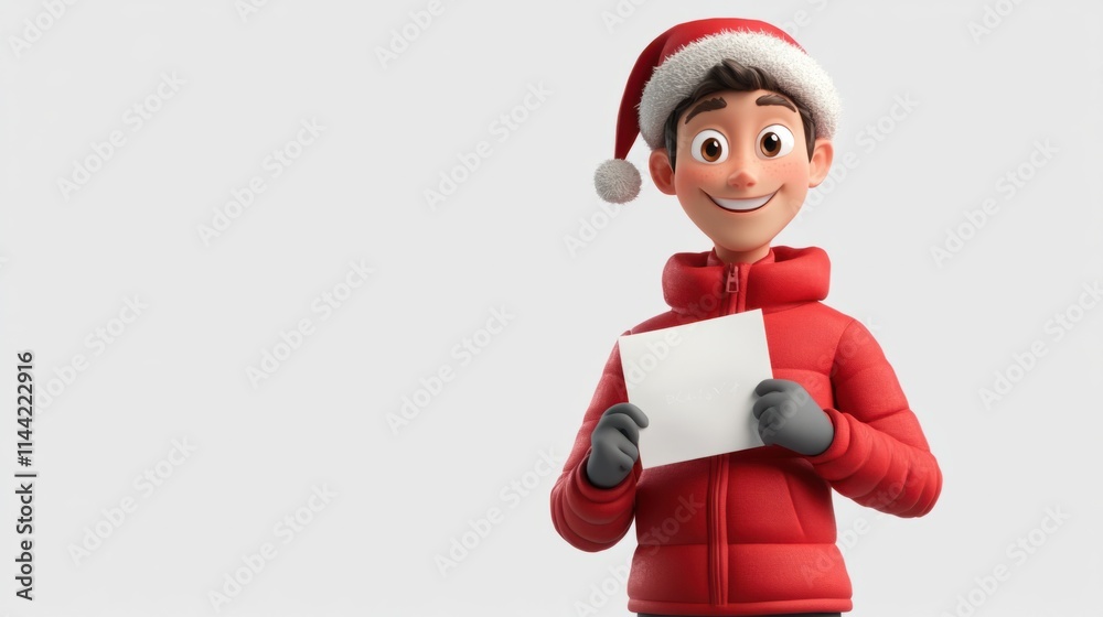 A cheerful 3D character in a red jacket and Santa hat, holding a letter to Santa, standing confidently, isolated on white A cheerful 3D character in a red jacket and Santa hat, holding a letter to Santa, standing confidently, isolated on white