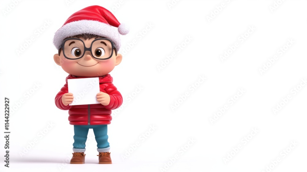 A cheerful 3D character in a red jacket and Santa hat, holding a letter to Santa, standing confidently, isolated on white A cheerful 3D character in a red jacket and Santa hat, holding a letter to Santa, standing confidently, isolated on white