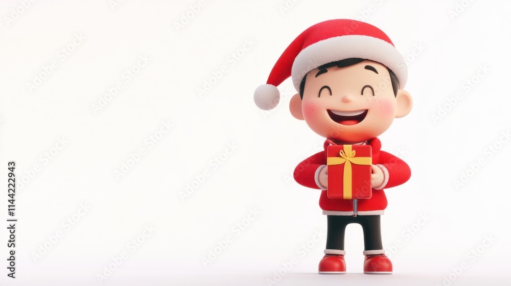 A cheerful 3D character in a red jacket and Santa hat, holding a wrapped Christmas gift, standing with a joyful expression, on white A cheerful 3D character in a red jacket and Santa hat, holding a wrapped Christmas gift, standing with a joyful expression, on white
