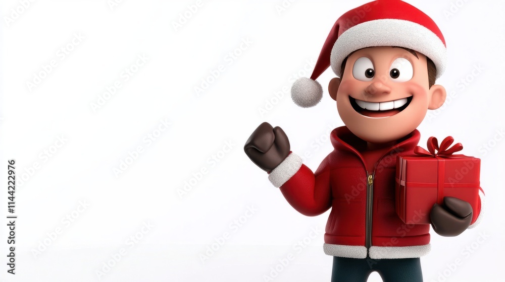 A cheerful 3D character in a red jacket and Santa hat, holding a wrapped Christmas gift, standing with a joyful expression, on white A cheerful 3D character in a red jacket and Santa hat, holding a wrapped Christmas gift, standing with a joyful expression, on white