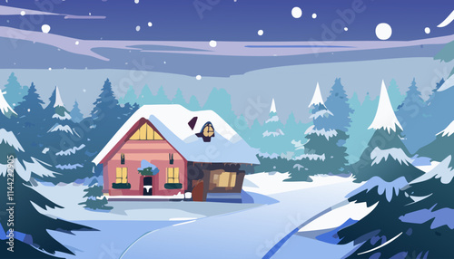 Winter landscape with snow covered house. Vector illustration in cartoon style.