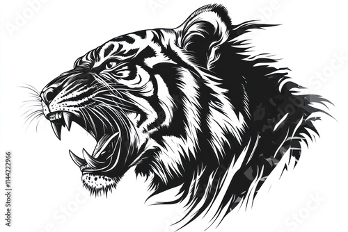 Black and white vector of roaring tiger head.