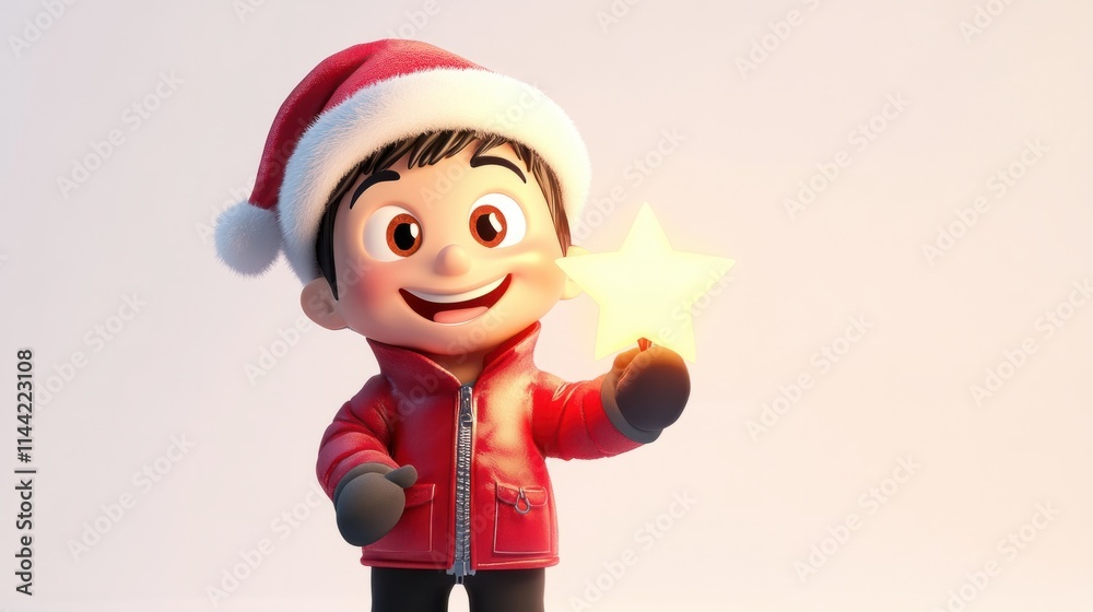 A cheerful 3D character in a red winter jacket and Santa hat, holding a glowing star with a big smile, on white A cheerful 3D character in a red winter jacket and Santa hat, holding a glowing star with a big smile, on white