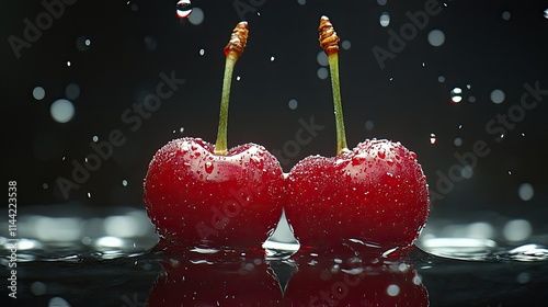 Two cherries one whole one cut half drop juice falling capturing freshness vibrancy fruit ideal food photography or concepts related to healthy eating natural ingredients
