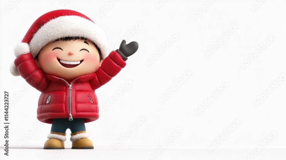 A cute 3D character wearing a Santa hat and a red winter jacket, smiling cheerfully and waving, isolated on white A cute 3D character wearing a Santa hat and a red winter jacket, smiling cheerfully and waving, isolated on white