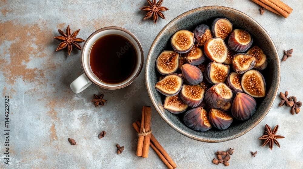 Figs, coffee, cinnamon sticks, and star anise on a mottled surface. Figs, coffee, cinnamon sticks, and star anise on a mottled surface.