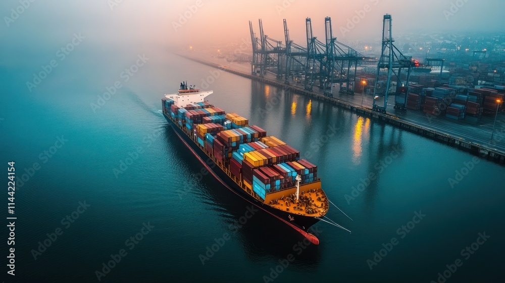 Cargo ship sailing through foggy harbor at dusk. Cargo ship sailing through foggy harbor at dusk.