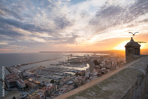 Bilde på lerret Seagulls are flying over the cityscape of alicante, spain, at sunrise as seen fr