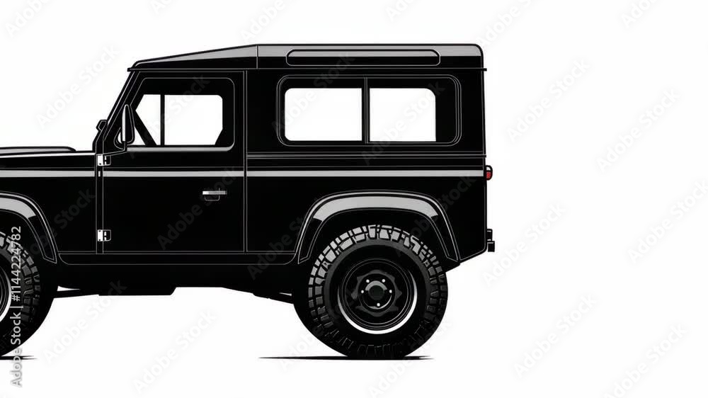 Detailed illustration of a classic black off-road vehicle in profile view showcasing rugged design and timeless style Detailed illustration of a classic black off-road vehicle in profile view showcasing rugged design and timeless style
