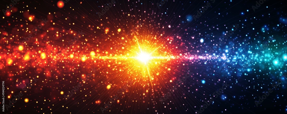 Vibrant cosmic explosion featuring colorful particles and dynamic light beams in a dark universe background. Vibrant cosmic explosion featuring colorful particles and dynamic light beams in a dark universe background.