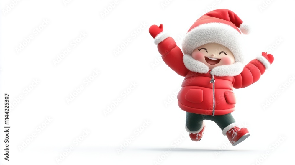 A playful 3D character in a red winter jacket and Santa hat, dancing joyfully, isolated on a bright white background A playful 3D character in a red winter jacket and Santa hat, dancing joyfully, isolated on a bright white background
