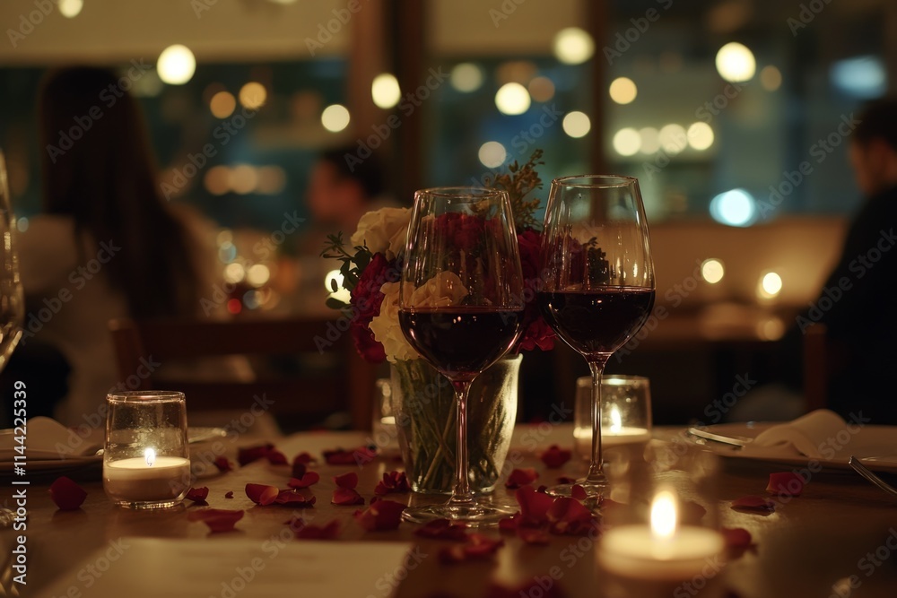 photo of romantic dinner in restaurant, bouquet of flowers on the table and wine glasses, Valentine's Day concept photo of romantic dinner in restaurant, bouquet of flowers on the table and wine glasses, Valentine's Day concept