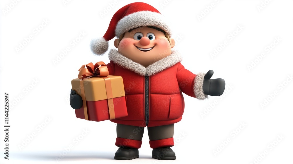 A playful 3D character in a red winter jacket with fur trim, donning a festive Santa hat and holding a gift, isolated on white A playful 3D character in a red winter jacket with fur trim, donning a festive Santa hat and holding a gift, isolated on white