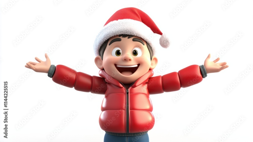 A playful 3D character wearing a red jacket and Santa hat, standing with arms open and smiling brightly, isolated on white A playful 3D character wearing a red jacket and Santa hat, standing with arms open and smiling brightly, isolated on white