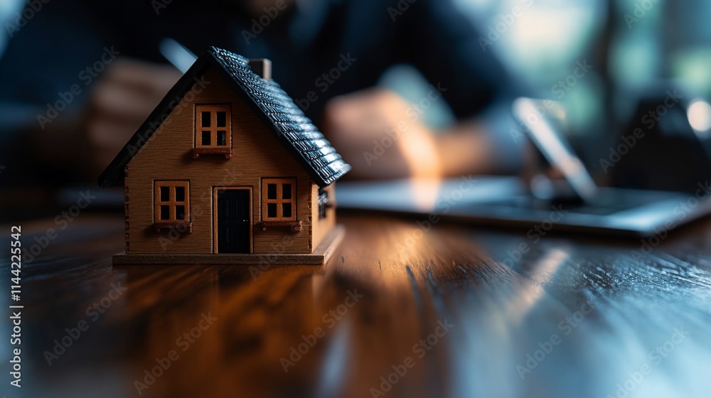 A miniature house on a wooden table with a blurred background of a person working. A miniature house on a wooden table with a blurred background of a person working.