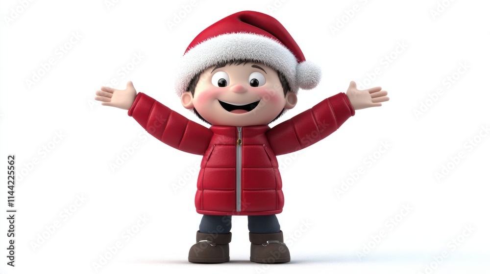 A playful 3D character wearing a red jacket and Santa hat, standing with arms open and smiling brightly, isolated on white A playful 3D character wearing a red jacket and Santa hat, standing with arms open and smiling brightly, isolated on white