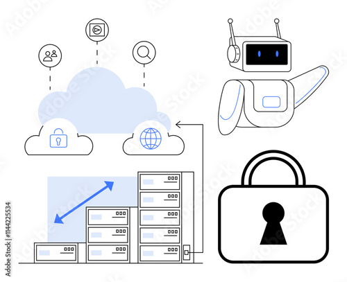 Cloud storage linked to security, global access, AI robot, padlock, bar graph with growth arrow. Ideal for cybersecurity, cloud computing, AI assistance, data protection scalability online