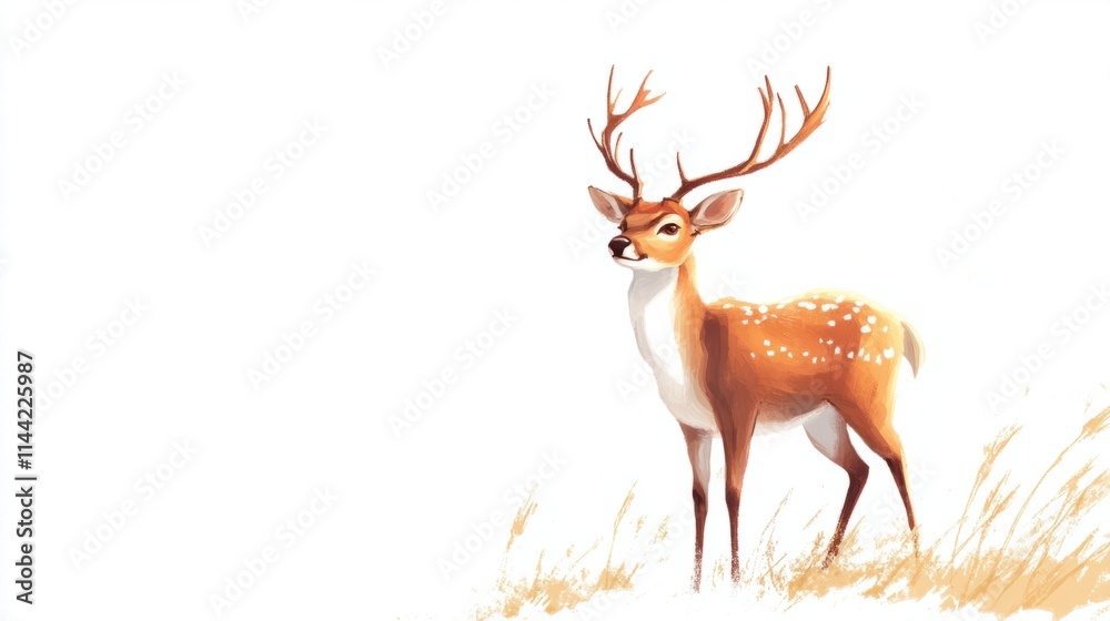 Obraz premium A charming illustration of a deer with antlers, standing gracefully, rendered in soft pastel tones, isolated on white