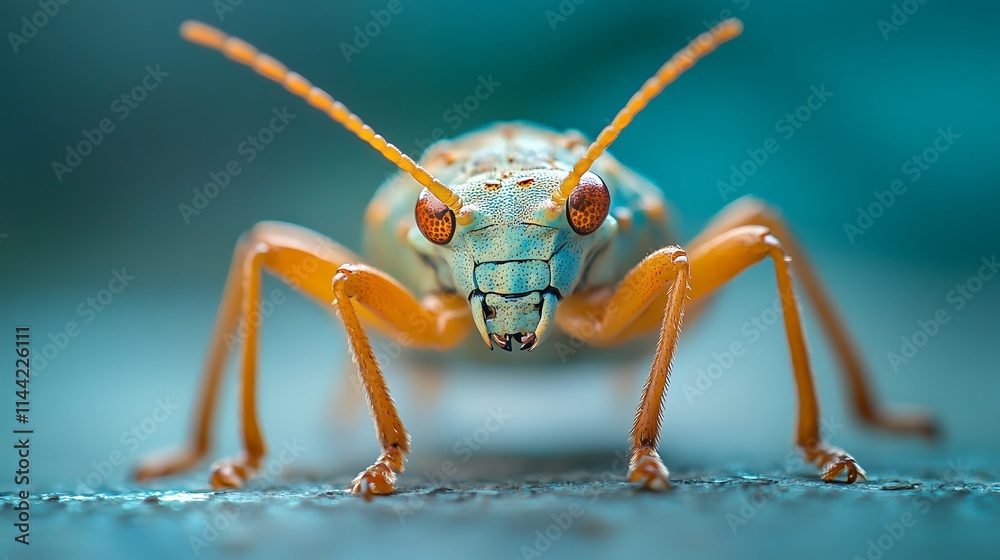 Close-up of a vibrant turquoise and orange insect with prominent eyes, perched on a textured surface.