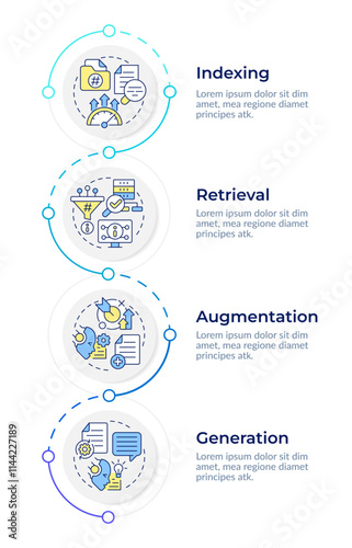 RAG process infographic vertical sequence. AI and machine learning in semantic analytics. Visualization infochart with 4 steps. Circles workflow. Montserrat SemiBold, Lato Regular fonts used