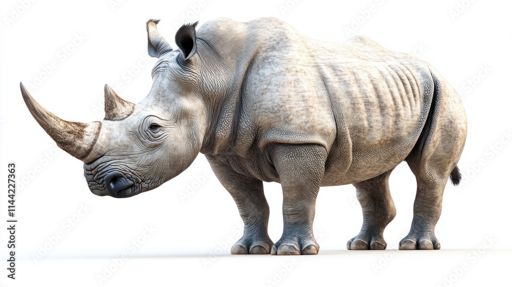 Fototapeta premium A detailed illustration of a majestic rhino standing powerfully, rendered in a realistic style, isolated on a clean white background