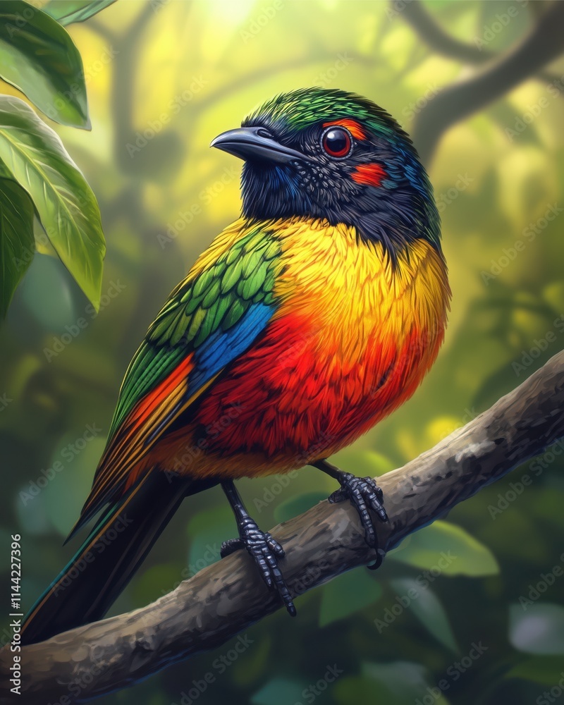 Obraz premium Blur Background, Vibrant hummingbird, Vibrant rainbow bird perched on branch lush forest wildlife photography natural habitat close-up colorful avian beauty
