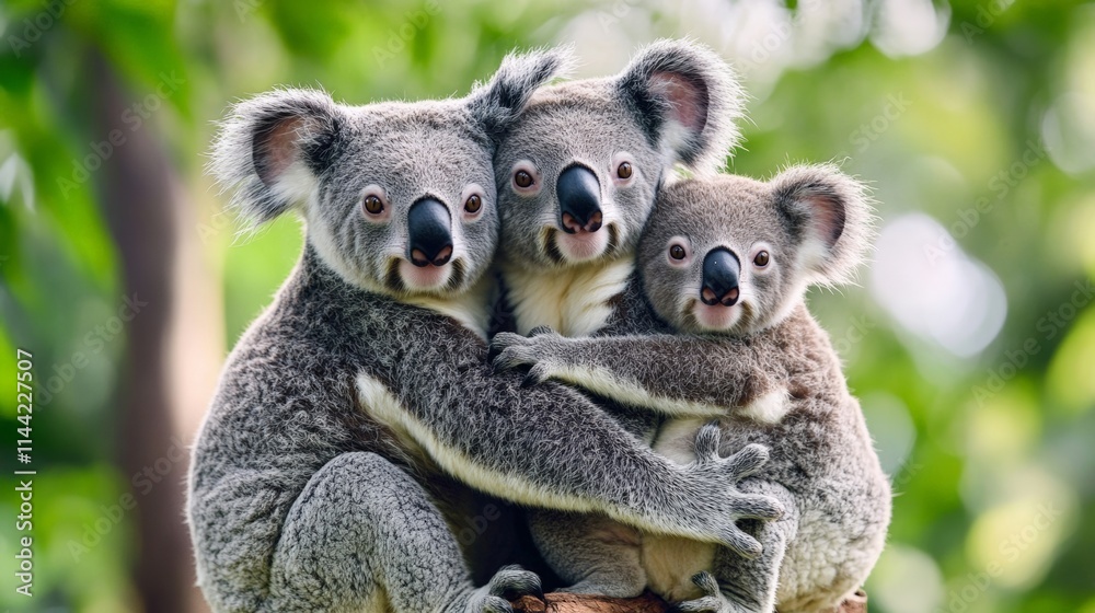 Naklejka premium Three adorable koalas hugging each other on a tree branch in a lush green habitat, showcasing their close bond and affection.