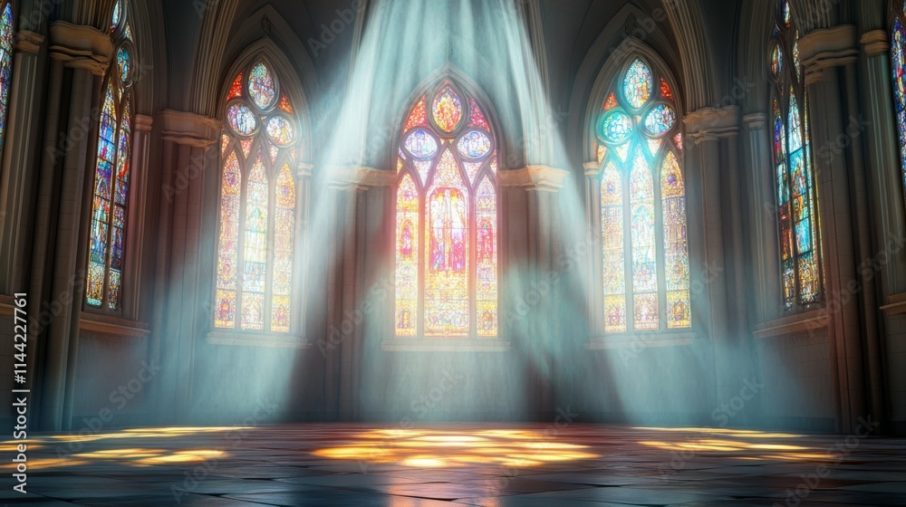 Obraz premium Sacred Christian Church Interior with Rays of Light Through Stained Glass Windows