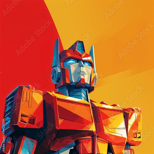 Majestic robot glowing blue eyes stands against vibrant red yellow backdrop embodying strength wisdom its bold 1980sinspired design photo