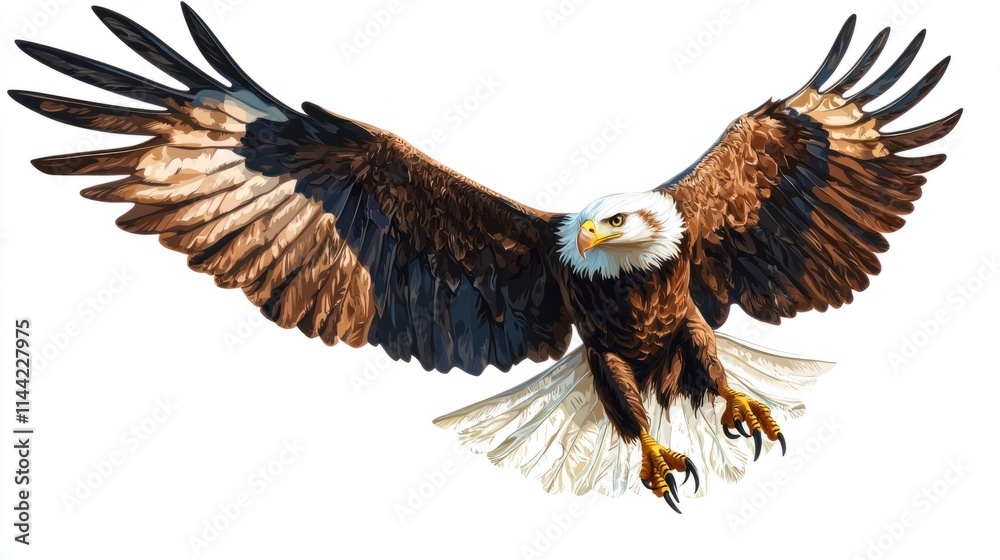 Obraz premium A dynamic illustration of an eagle soaring high, with outstretched wings and sharp talons, drawn in a detailed style, isolated on white