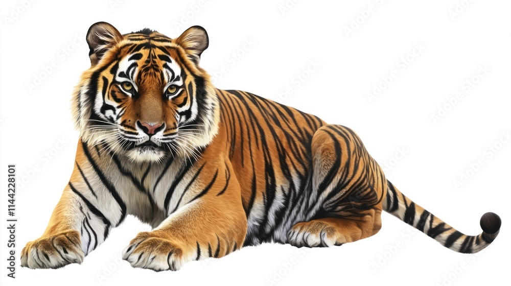 Obraz premium A realistic illustration of a tiger crouching, with vivid orange and black stripes, isolated on a clean white background