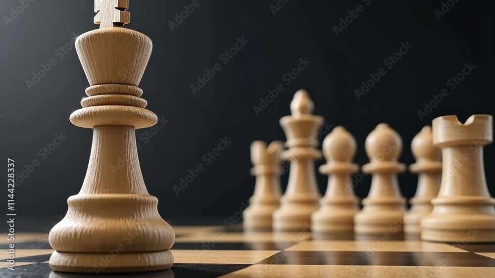 Chess pieces lined up on a board with a focus on the king and surrounding pieces in a strategic arrangement Chess pieces lined up on a board with a focus on the king and surrounding pieces in a strategic arrangement