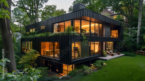 Modern home exterior with a cantilevered second floor, black metal paneling, and a garden rooftop. exterior architecture design concept 