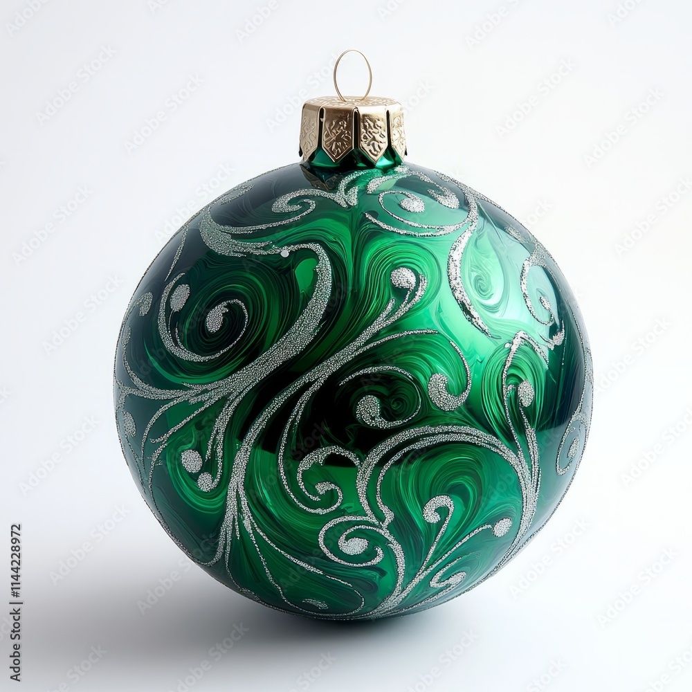 A smooth green Christmas ball with pattern, glossy finish, placed against a pure white background A smooth green Christmas ball with pattern, glossy finish, placed against a pure white background