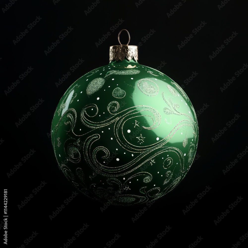 A smooth green Christmas ball with pattern, glossy finish, placed against a pure black background A smooth green Christmas ball with pattern, glossy finish, placed against a pure black background