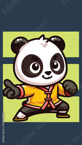 Panda mascot wearing shaolin clothes with a pose ready to fight